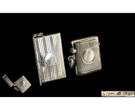 Silver Vesta Case, engine turned, hallmarked Birmingham Y 1898, together with a silver stamp holder marked sterling silver.