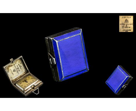 Borel and Fils &amp; Co Art Deco Period - Blue Enamel and Sterling Silver Miniature Travelling Watch Case, In The Form of a G