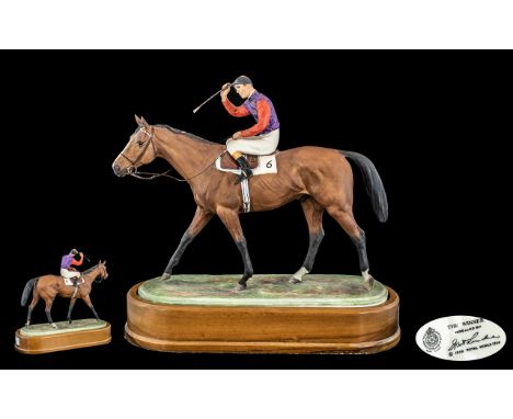 Royal Worcester Superb Hand Painted Ceramic Jockey and Horse Figure, Raised on a Wooden Plinth ' The Winner ' RW3671, Modelle