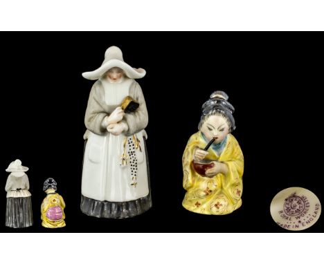 Royal Worcester - Early Period Hand Painted Candle Snuffer ' Japanese Girl ' Date 1920. Black Hair, Yellow Robe and Pink Sash