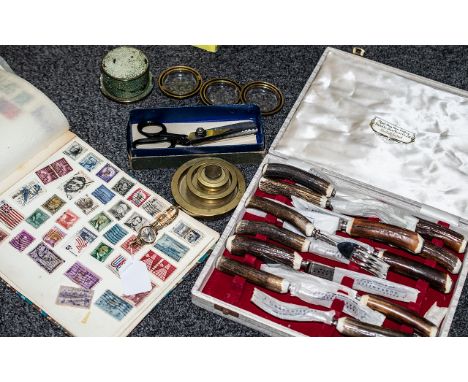 A Mixed Lot to Include: Horn Handled Steak Knives &amp; Forks, a stock stamp book, a Ladies Seconda Wrist Watch with 9ct gold