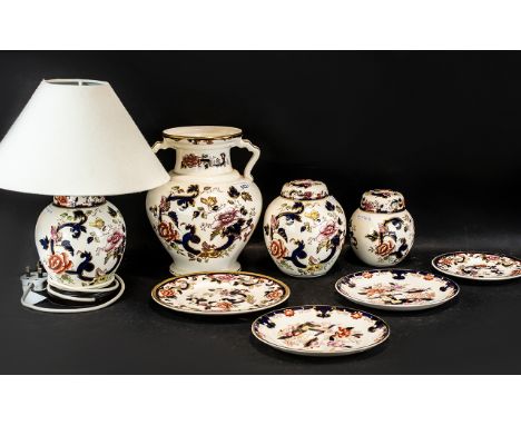 A Collection of Masons Mandalay Pottery (8) Pieces to include a twin handled 10 inch vase, a table lamp with shade overall he