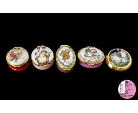 Collection of Enamelled Boxes, to include to Halcyon Days Beatrix Potters 2001, Bilston &amp; Battersea 2008 enamel, Crummles