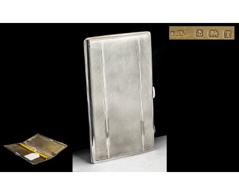 Art Deco Period - Heavy and Superb Quality Gents Engine Turned Sterling Silver Cigarette Case of Rectangular Form and Solid C