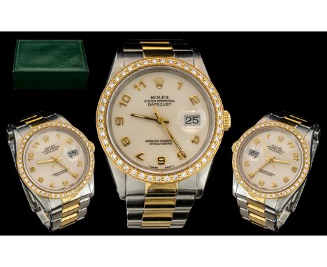 Rolex Gents - Superb 18ct Gold and Steel luxury Oyster Perpetual Date-Just Wrist Watch - Still With Sales Tag. Set With Rolex