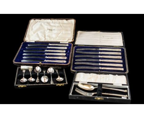 Four Boxed Sets of Silver Flatware, to include set of six silver teaspoons with sugar nips and castor spoon, hallmarked Sheff