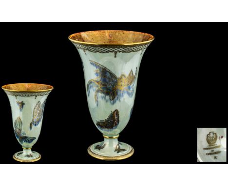 Wedgwood - Trumpet Shaped Superb Quality Hand Painted Lustre Vase ' Butterflies ' Design. c.1930's. Wedgwood Gold Stamp to Ba