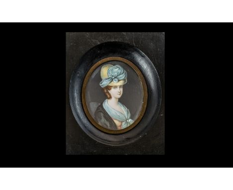 Beautiful 19TH Century Miniature Painting of a Beautiful Lady Wearing A Big Hat, The Miniature Portrait is Signed, and Also h