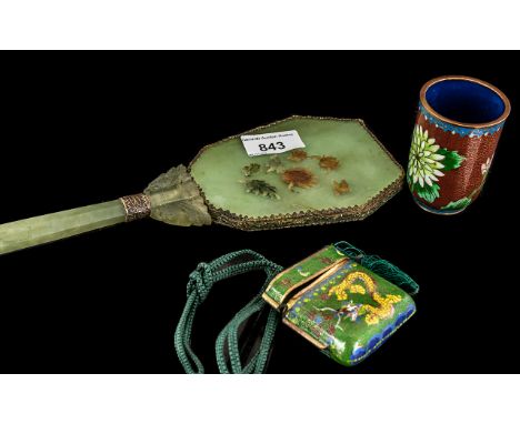 Chinese Green Jade Hand Mirror with overlaid floral decoration; 14 inches (35cms) long, with a cloisonne two section inro, an