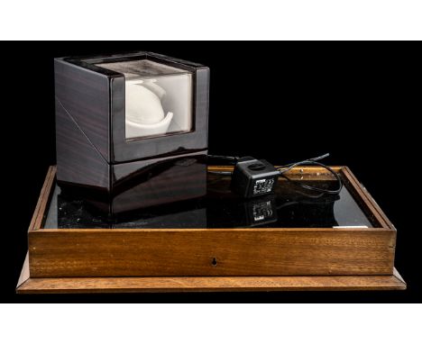 Collector's Desk Display Case with an electric watch humidifier made by Chiyoda.  Display case in oak with glass lid, lined i
