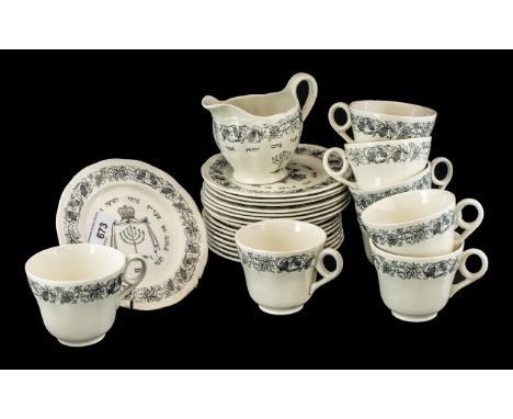 Royal Cauldon Passover Ware Black Litho, circa 1950's, 25 piece tea set, 8 x cups, saucers, plates and a creamer.