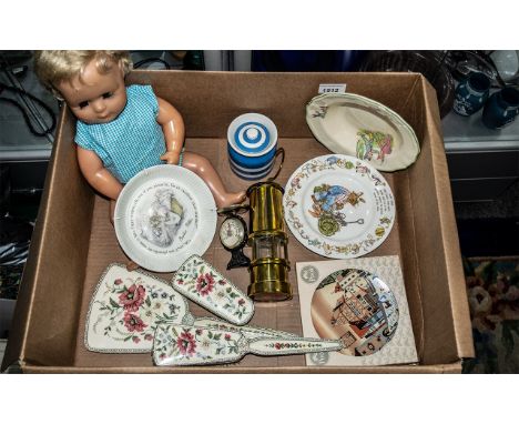 Box of Bric a Brac, including a dressing table set of brush, mirror and clothes brush with tapestry backs, a Poole Pottery 6"