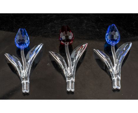 Swarovski 'The Magic of Crystal ' Set of Two Tulips ( Red and Blue Colour way ) Approx 4 Inches High, Together with a Matchin