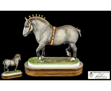 Royal Worcester - Superb Ltd Edition Hand Painted Ceramic Figure - Raised on a Wooden Plinth ' Percheron Stallion ' Saltmarsh