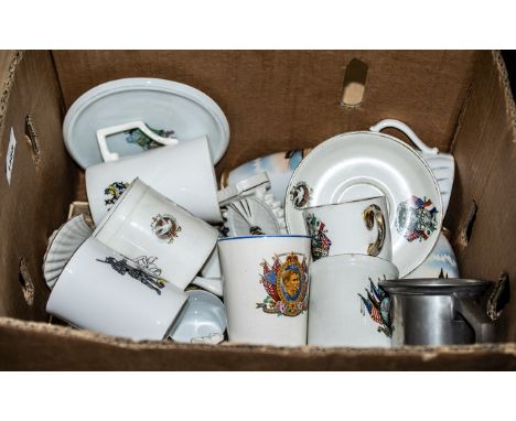 Miscellaneous Box of Pottery Items including Wade Whimsies ashtrays and figures, eleven pieces of Blackpool commemorative war