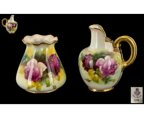 Two Royal Worcester Pieces, comprising a small jug 4" tall and a vase 3.5" vase, decorated with roses and foliage.
