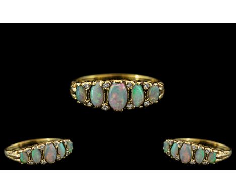 Antique Period - Attractive 18ct Gold Opal and Diamond Set Dress Ring, Ornate Gallery Setting. Marked 18ct to Interior of Sha