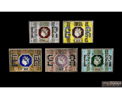 A Rare Set of Special Edition Novelty Enamel on Sterling Silver - Queen Elizabeth 1977 Jubilee Stamps. Includes 8.5p, 9p, 10p