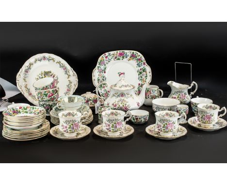 Royal Standard 'Mandarin' Tea Service, in white with pink decoration, comprising tea pot, sugar bowl, milk jug, six tea cups,