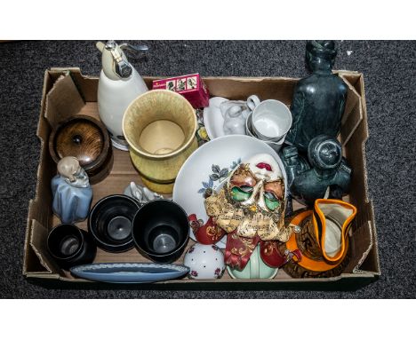 Box of Mixed Collectibles comprising Myott Art Deco hand painted jug No. BB 367, Swinnertons 'Harvest Fruit' plates, two mugs