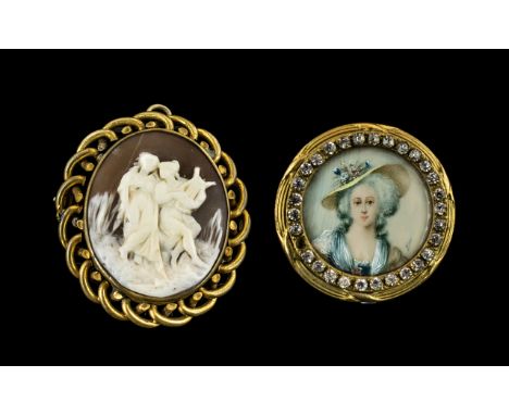 Victorian Cameo Depicting The Muses, housed in a gilt metal frame, plus a round ivory brooch, painted with the portrait of a 