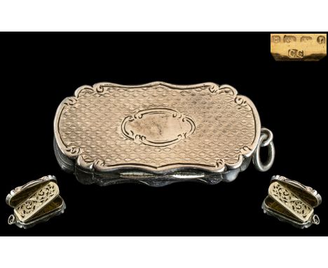 Queen Victoria Superb Quality - Sterling Silver Engine Turned Vinaigrette with Excellent Open-worked Gilt Grill of Elongated 