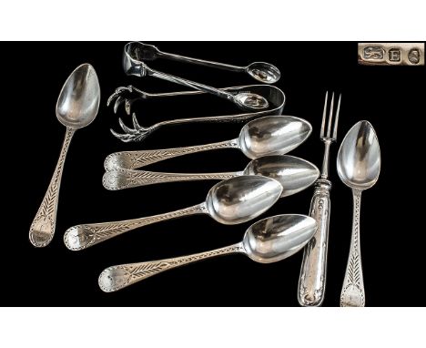 Set of Six Sterling Silver Teaspoons + Two Pairs of Silver Nips + One Small Silver Fork. All Fully Hallmarked for Silver. Sil