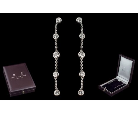 Mappin &amp; Webb Attractive Ladies 18ct White Gold Pair of Diamond Set Long Drop Earrings. The Brilliant Cut Diamonds of Goo