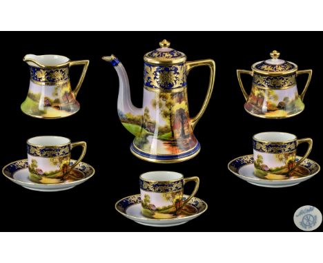 Noritake Hand Painted Coffee Set, comprising coffee pot, three coffee cups and saucers, a milk jug and lidded sugar bowl.  Ci