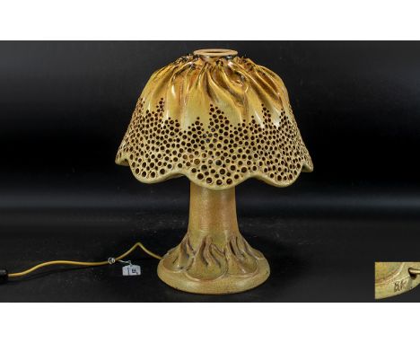 Unusual Art Pottery Glazed Stoneware Mushroom Shaped Lamp and Shade, the shade mimicking a real silk shade supported on a lil