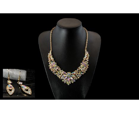 AB Crystal Statement Necklace and Matching Earrings, the glamorous articulated necklace formed from panels with layers of rou