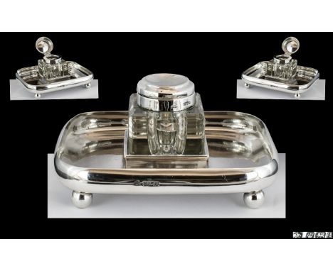 Edwardian Period - Small Sterling Silver Ink Stand and Ink Well, Raised on 4 Ball Feet of Pleasing Proportions. Hallmark Shef