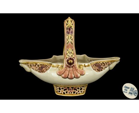Zsolnay - Fischer Reticulated Decorated Brides Basket, polychrome decoration with gilt highlights, impressed nos. 1851 - 26; 