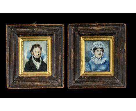 Pair of Antique Primitive Portrait Miniatures, painted on ivory, of Mr and Mrs J.Von Indermaur, dated 1834 to reverse, in ori