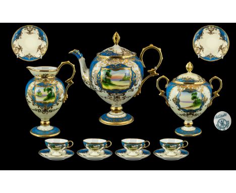 Noritake - Superb Quality Early 20th Century Hand Painted Turquoise and Gold Encrusted ( 11 ) Piece Coffee Set of Superb Prop