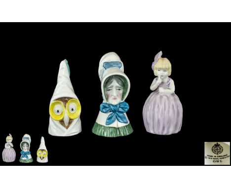 Royal Worcester Hand Painted ' Owl ' Candle Snuffer, Height 8 cms, Date 1976 + ' Old Lady ' RW4994. Designer James Hadley. 8 