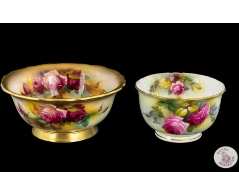 Two Royal Worcester Bowls depicting Roses, a 7" Rose Bowl decorated by Millie Hunt dated 1936 and a 5" Rose Bowl, unsigned, d