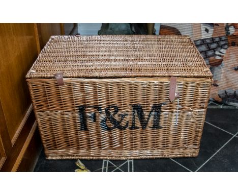 Large Fortnum & Mason Wicker Basket/Hamper, marked F & M to front, Measures 31" wide x 21" tall x 20" deep, with side open ha
