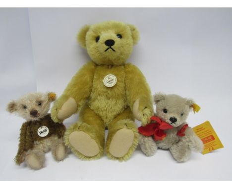 Three Steiff articulated mohair teddy bears comprising 1909 Replica with growler, button to ear, no label, card tag to chest,