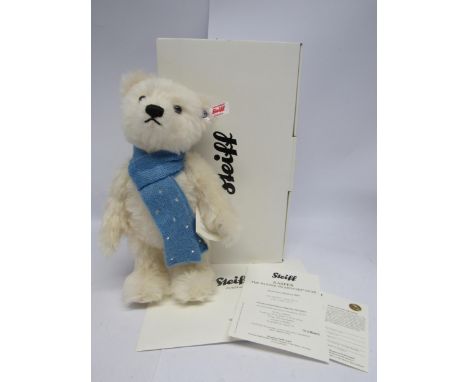 A Steiff 664397 Kasper The Winter Swarovski Bear, articulated white mohair teddy bear with Swarovski button and white tag to 