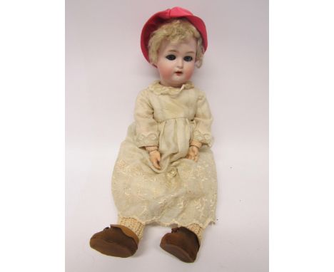 A Simon &amp; Halbig for Kammer &amp; Reinhardt bisque head girl doll with blonde wig, blue glass sleepy eyes, painted featur