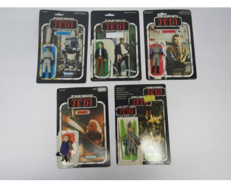 Five original Palitoy / Kenner Star Wars Return Of The Jedi plastic action figures, all with original backing cards, comprisi