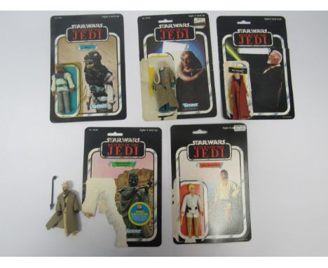 Five original Palitoy / Kenner Star Wars Return Of The Jedi plastic action figures, all with original backing cards, comprisi