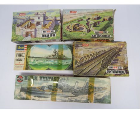 Four Airfix plastic model kits comprising H0/00 scale Roman Fort, Gun Emplacement and Pontoon Bridge and 1/600 scale H.M.S. B