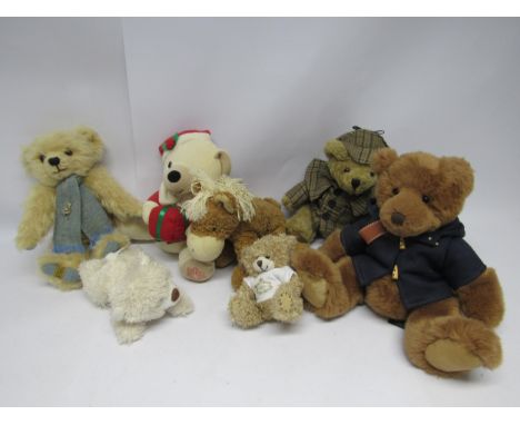 A collection of teddy bears and soft toys including Merrythought articulated mohair example, Russ 'Beadle', The Great British