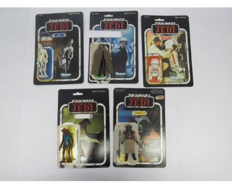 Five original Palitoy / Kenner Star Wars Return Of The Jedi plastic action figures, all with original backing cards, comprisi