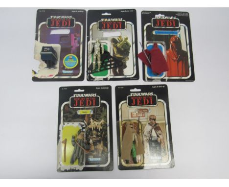 Five original Palitoy / Kenner Star Wars Return Of The Jedi plastic action figures, all with original backing cards, comprisi