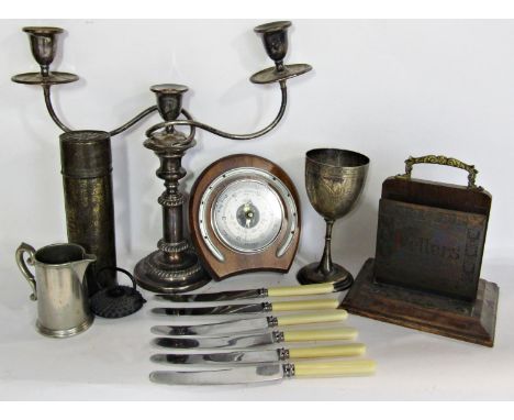 A miscellaneous collection of items including three branch silver plated candelabra, some pewter ware, loose bone handled kni