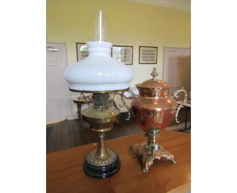 To be viewed at and collected from Nibley House GL11 6DL:&nbsp;A brass oil lamp with milk white shade together with a regency