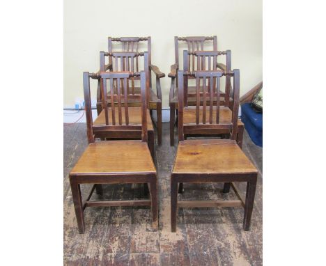 A set of eight (6+2) dining chairs with stick backs and solid seats on square cut supports 